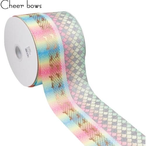 2Y/lot 3''75mm Horn Horse Mermaid Printed Ribbon Gradient Color DIY Hairbows Accessories Garment Decorative Home Textile Ribbon
