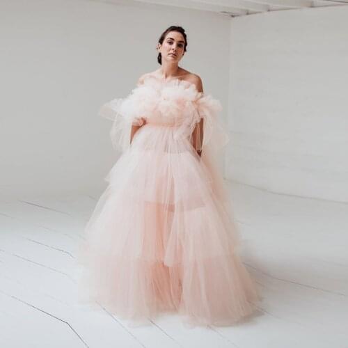 2020 Peach Pink Pretty Tulle Formal Party Dresses Ruffles Tiered Long Gowns Puffy Tutu Women Dress Vestidos Da Donna