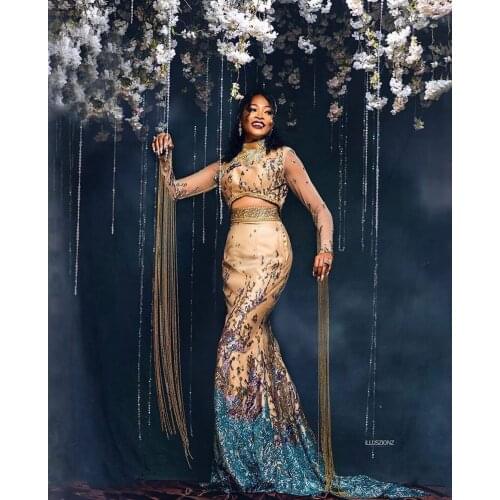 2021 Designer Two Pieces Evening Dresses Long Sleeves Flower Sequins Custom Made Aso Ebi Prom Gowns Mermaid Women Plus Size Gown