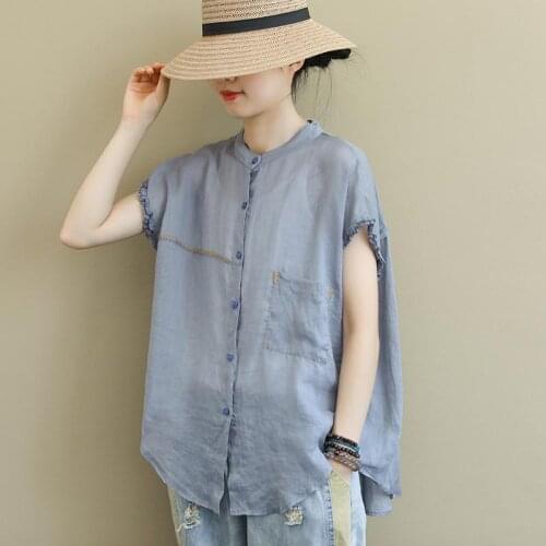 Blouse Women Cotton Linen Solid Blusas Mujer De Moda 2021 Plus Size Breathable Comfy Blue Femme Short Sleeve Casual Shirt Y985