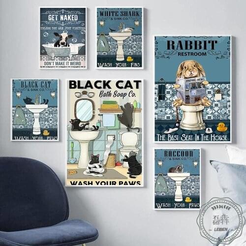 Black Cat Shark Rabbit Raccoon Poster Animals Quote Print Bathroom Wall Art Toilet Canvas Painting Pictures for Room Wall Decor