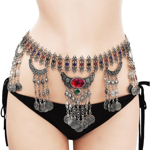 Gypsy Indian Belly Dance Belt Waist Chains Sexy Femme Metal Flower Red Green Crystal Coin Tassel Body Chain Jewelry