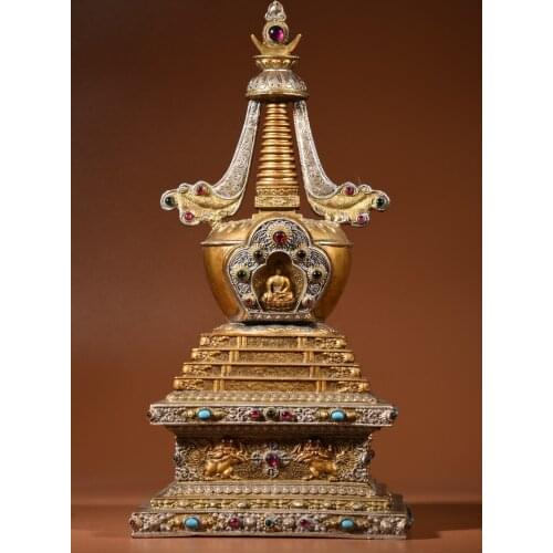 13"Chinese temple collection Old Bronze Painted mosaic Gem Sakyamuni Sitting Buddha stupa pagoda Ornaments Town House