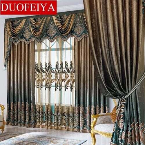 Curtain Set European Luxury Curtains With Valance For Living Room Curtain Set Bronzing Blue Curtains Ready made