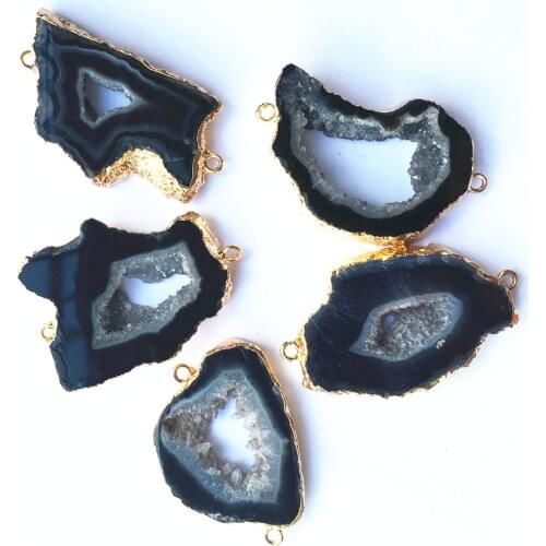 5PCS Natural Black Agates Slice Pendant Connectors Gold Irregular Raw Onyx Druzy Natural Stones Pendants for DIY Jewelry Making