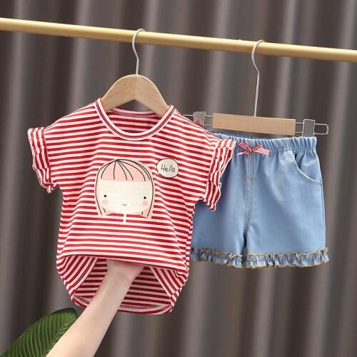 Summer Baby Girl Clothing Sets Cartoon Toddle Girls Stripe Clothes 1 2 3 4 5 Years Kids Set Stripe Pullover T-shit + Short Pants