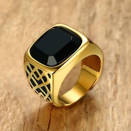 Men Signet Rings Punk Big Black Stone Stainless Steel Gold Tone Ring Biker Finger Trendy Male Jewelry Gift