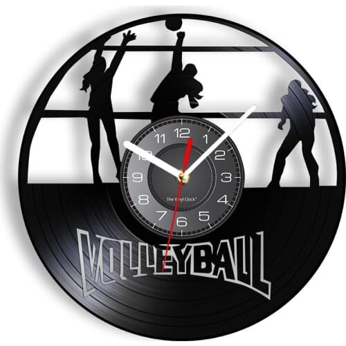 Volleyball Player Silhouette Longplay Record Wall Clock Minimalist Clock Art Watch Black Hanging Sport Wall Watch For Teen Room