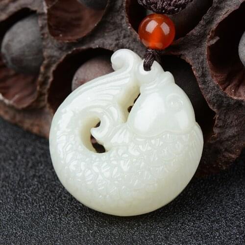 Natural hetian white jade pendant hand carved fish pendants jade necklace Attached lanyard lover fine jade jewelry