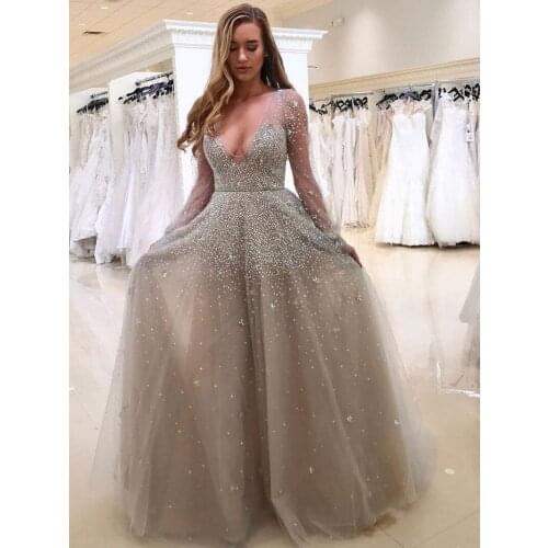 2021 New Gray V-neck Arabic Prom Dresses Long Sleeves Sequined Beads Sexy Evening Party Gowns Vestidos De Noiva Customed
