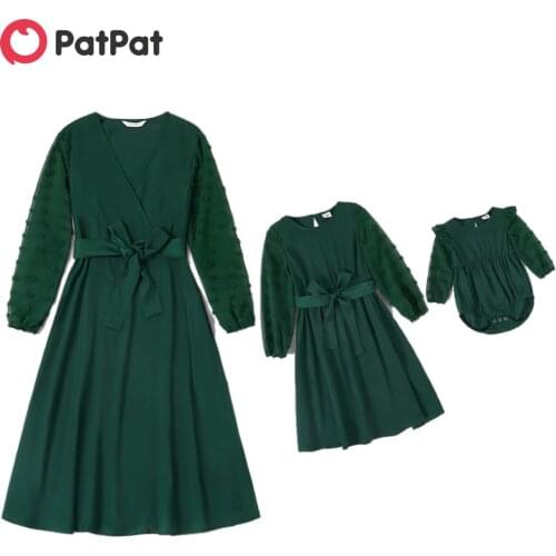 PatPat Solid Dark Green Mesh Sleeve Matching Midi Dresses