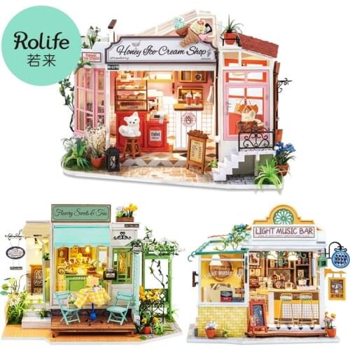 Robotime Rolife DIY Wooden Miniature Dollhouse Flowery Sweets Teas Handmade Doll House Light Music Bar With Furnitures Toys Gift