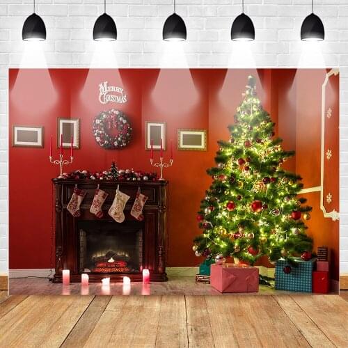 Christmas Photography Backdrop Christmas Tree Balls Gifts Fireplace Background Merry Christmas Red House Socks Decor Backdrop