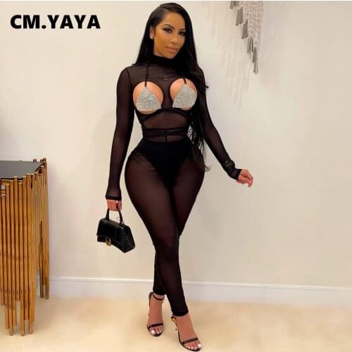 CM.YAYA Women Sexy Mesh Tranparent Cut Out Jumpsuit Bra Beach Night Party Clubwear Rompers Bodycon Elastic One Piece Overalls