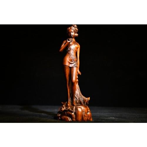 7" China Lucky Old Boxwood Hand-carved Phoenix beauty statue Classical beauty Personal Phoenix Tail Standing like Office