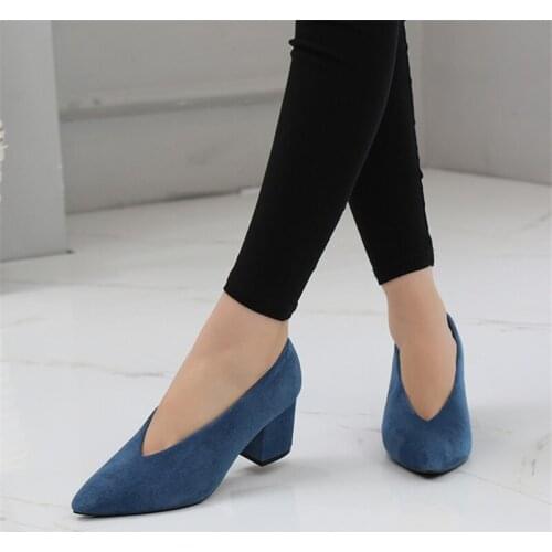 Comfortable Cashmere Womens Work Pumps Shoes Korean High Thick Heel Single Shoes Female 2020 New High-heeled V-port Lady Shoes