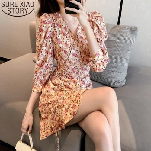 Vintage Floral Chiffon Dress Women 2021 French Style Party Dress V-neck High Waist Long Sleeve Mini Dresses Vestidos Robe 13263