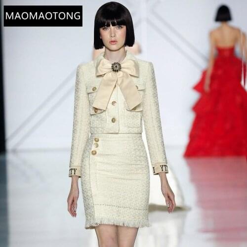 Womens Clothing Fashion Designer Set Spring Autumn Womens Long sleeve Beaded Bowknot Tops+Short skirt Two-piece set