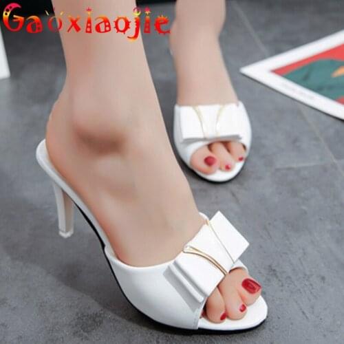 Gaoxiaojie Women Slippers 2021 Summer New Butterfly-Knot Fish Mouth Peep Toe Sandals Comfortable Fashion High Heel Office Shoes