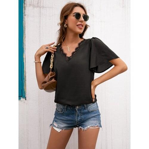 New Summer 2021 Ladies V-neck Stitching Eyelashes Lace Edge Ruffled Sleeves Solid Color Loose Solid Color Irregular Top Women