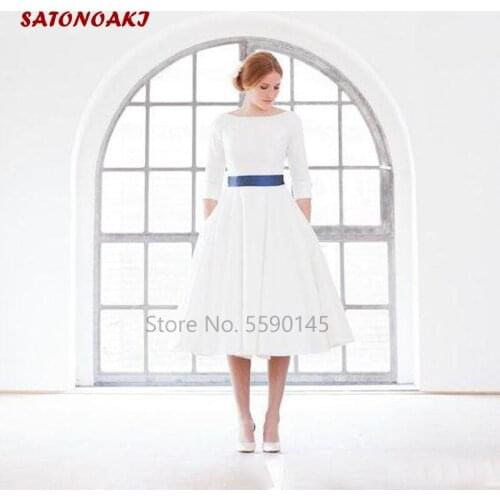 Vintage Tea Length Short Wedding Dress With 3/4 Sleeves Satin A-Line Open Back Bridal Gown Custom Made Vestido De Novia Mariage