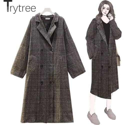 Trytree 2020 Winter Casual Womens Blends Tweed Jacket Cotton Liner Double Breasted Long Pockets Office Lady Plaid Suit Coat
