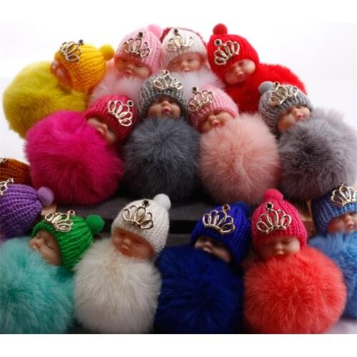10pcs/lot Lovely Crown Sleeping doll Gold KeyChain Fur Pom Pom Car Keyring Fake Rabbit Fur Ball Key Chain Girl Bag Charm Jewelry
