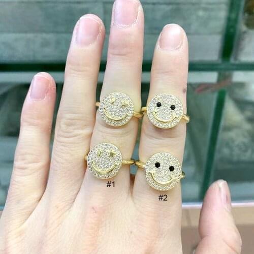 10Pcs New Dainty Gold Plated Crystal CZ Micro Pave Smile Happy Face Smiley Open Rings For Women Ladies