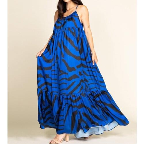 2021 Summer Treasure Blue Stripe Print Dress With Suspender And Ruffle Casual Dress Sexy Loose Beach Dress New Fashion Casual