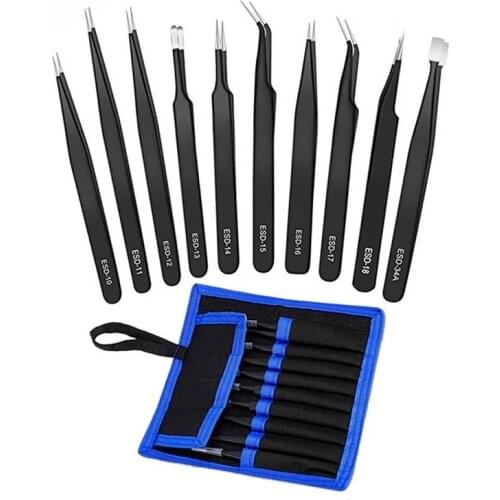 ABSF 10Pcs ESD Stainless Tweezers Tool Set High Precision Tip Curved Straight Antistatic Tweezer Nipper Repair Tool