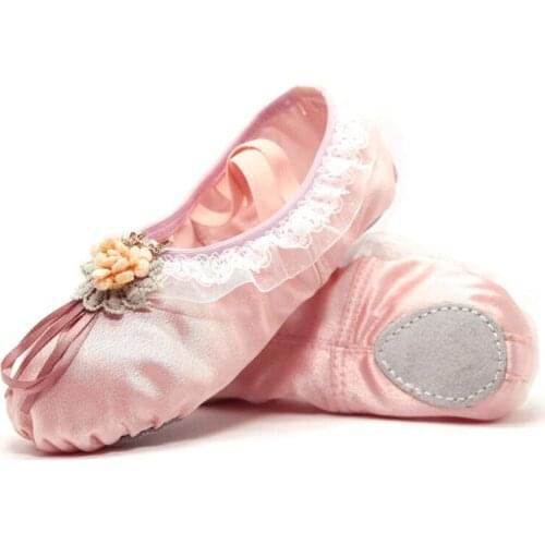 Satin Ballet Shoes Children Dance Slippers Girls Toddler Ribbon Rhinestone Flower Ballet Flats Dance Shoes for Kids