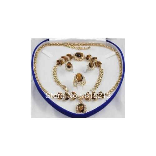 Free shipping ddh0455 Tiger Eye Stone necklace bracelet earring ring set gold colour