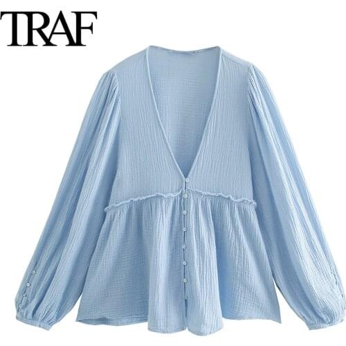 Traf Za Women Clothes Fall 2021 New Long Sleeve Blouses Korean Fashion V-neck Loose Button Up Shirts Chic Ladies Tops Mujer