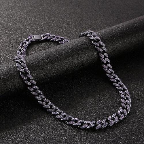 Iced Out 12mm Purple Miami Cuban Necklaces Micro Paved Rhinestone Crystal Bling Hip Hop Chain Fashion Jewelry Gift