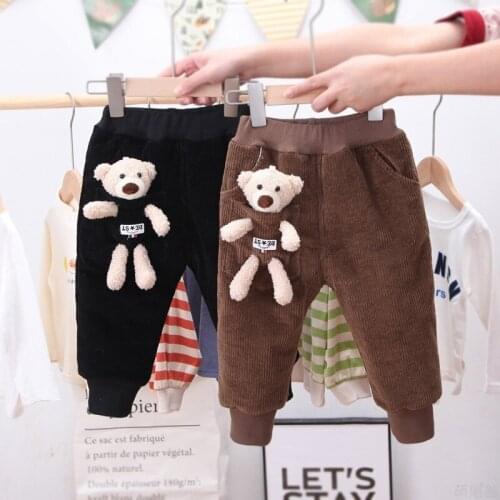 2 3 4 5 Y Toddler Baby Pants 2021 Winter New Boys Girls Plus Velvet Thick Trousers Cartoon Pocket Bear Warm Kids Corduroy Pants