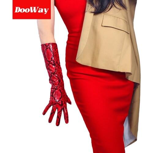 DooWay Latex Women Long Leather GLOVES PU Patent Snake Skin Print Elbow Short Unrestrained Sexy Red