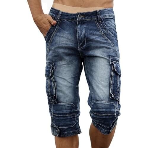 Men Summer Retro Cargo Jeans Shorts Casual Bermuda Homme Male Fashion Washed Denim Pant Men Shorts Big Pocket Cropped Jean