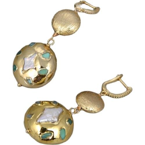 GG Jewelry Natural Cultured White Pearl Star Shape Green Chrysoprases Gold Color Plated Edge leverback Earrings