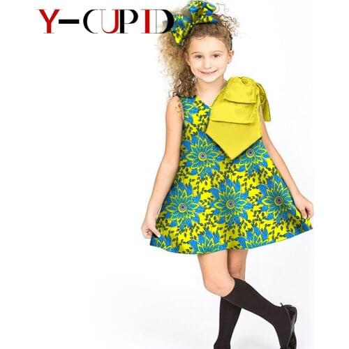 Summer African Clothes for Kids Bazin Riche Baby Girls Print Dresses Matching Bowtie Hairpin Cotton Children Outfits YA724506