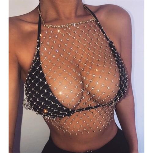 2020 Mesh Hollow Out Strap Tank Vest Women Sexy Blingbling Rhinestone Mini Camisole Bikini Top Cover Summer Beach Backless Camis