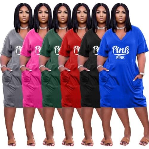 Fashion Plus Size Women Loose Dresses Letter Printed Pattern V Neck Short Sleeve Short Dresses with Pocket Casual T Shirt Dress