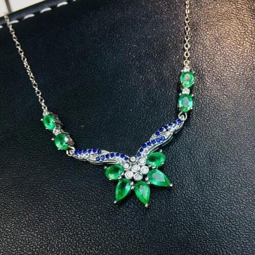 Natural green Emerald gem Necklace Natural Gemstone Pendant Necklace S925 sliver trendy Crotch Flower women party gift Jewelry
