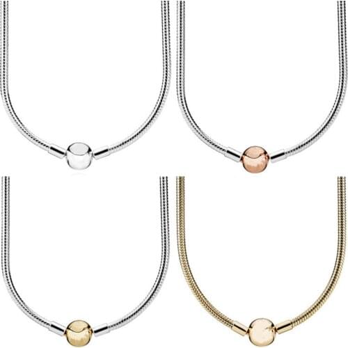 Original Moments Lobster Ball Clasp Smooth Snake Chain Necklace For 925 Sterling Silver Bead Charm Europe DIY Jewelry