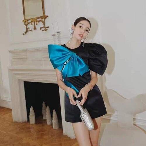 Fashion Big Bow Diamond Satin Dress Sexy Bubble Short Sleeve Slim Mini Dresses Elegant Party Female Clothing 2021 Summer New
