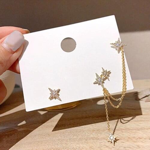 Bright Rhinestone Star Stud Earrings Set Elegant Long Tassel Chain Earrings For Women Gold Color Asymmetric Star Ear Stud
