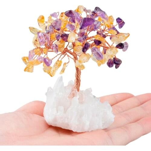 TUMBEELLUWA Crystal Tree Natural Rock Quartz Cluster Base Bonsai Lucky Money Tree Sculpture Decoration