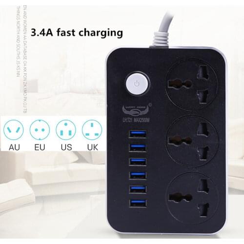 EU Plug Power Strip 3.4A Fast Charging 6 USB Extension Socket Plug Switch Universal Outlets 3 Adapter Network filter for Phones