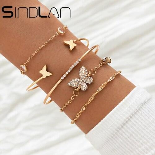 Sindlan 5Pcs Boho Simple Gold Smooth Open Bangle Bracelet Set for Women Kpop Full Crystal Butterfly Female Wrist Jewelry Pulsera