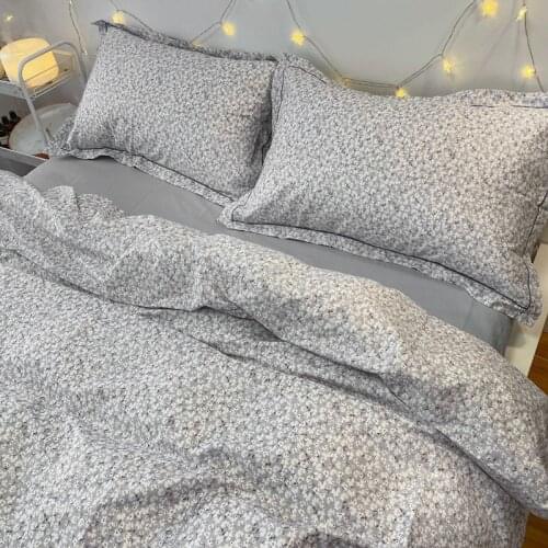 Plain Bedding Set Four-piece Cotton Duvet Cover Sheet Set Japanese Grey Fresh Floral Twill Cotton Active Printing Bedding