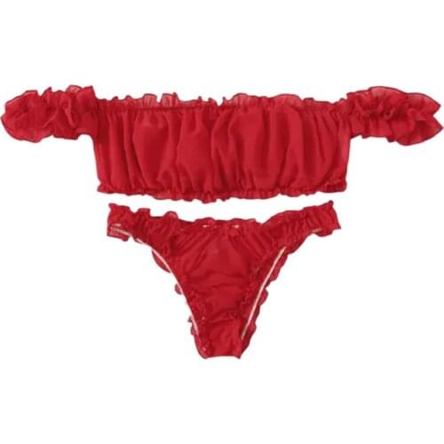 Womens Sexy Lingerie Sets Solid Color Mesh Ruffle Sheer Bandeau with Small Thong Nightwear Sleepwear Sets